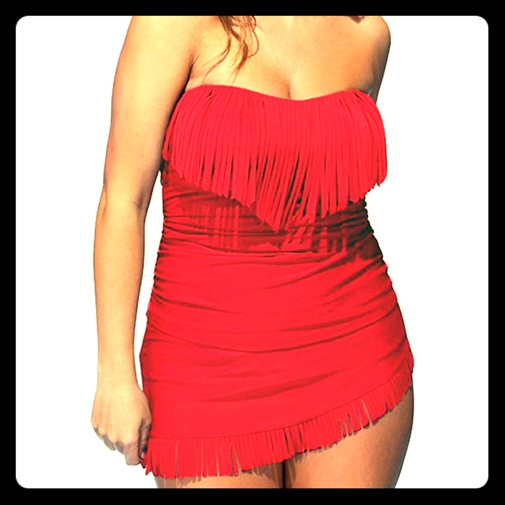 Red Sexy tassel backless tankini 2 piece swimsuit